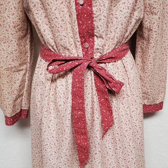 Vintage 60s JCPENNEY Tan Red Floral Calico Print Tie-Waist Boho Peasant Dress S - Picture 7 of 15